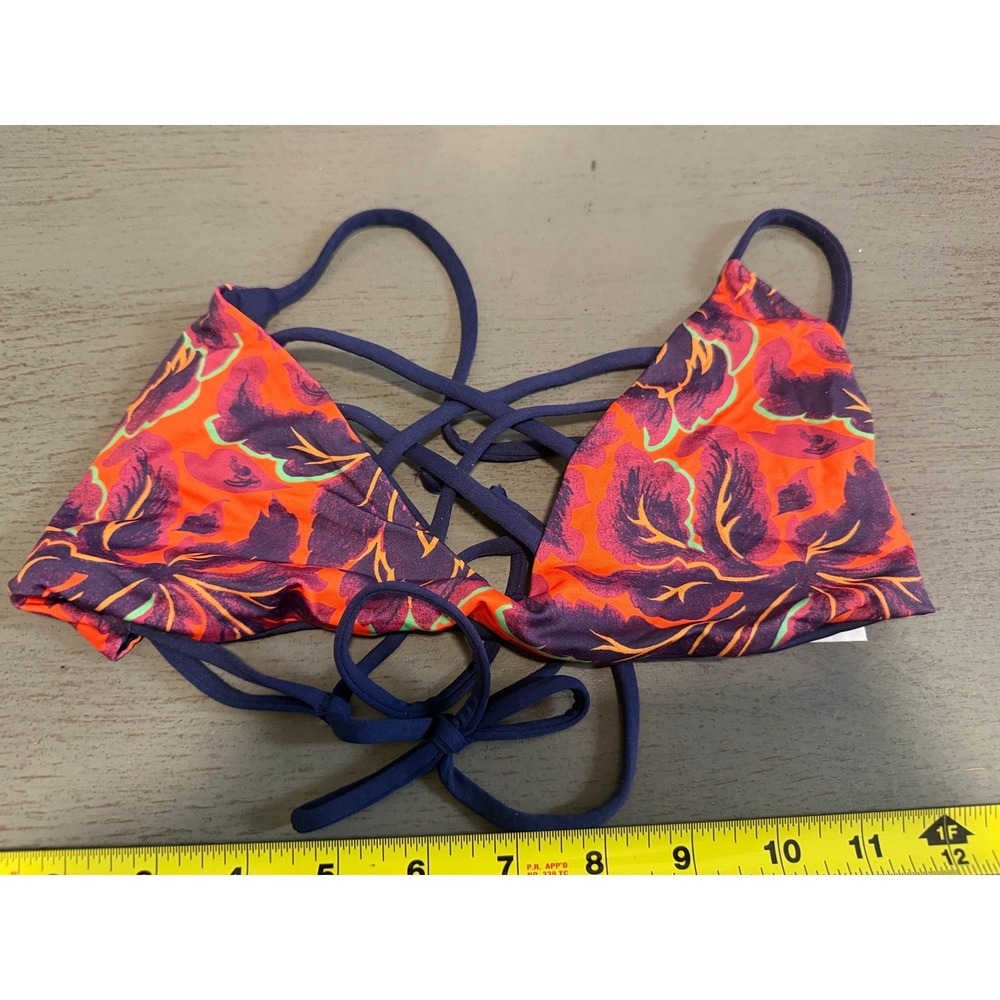 L*Space Floral Strappy Back Triangle Bikini Top Navy Orange Purple Size M